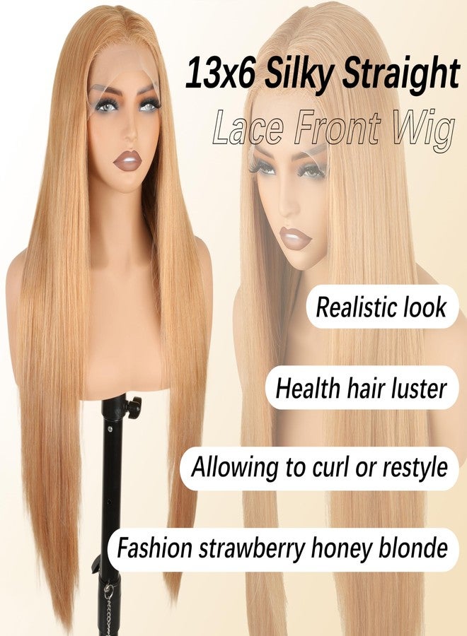 SOKU 13x6 Strawberry Honey Blonde Lace Front Wigs,32 Inch Long Straight Synthetic Hair with Pre Plucked Hairline,Free Part Silky Straight Glueless Lace Frontal Wig for Women Beginner Friendly - Image 2